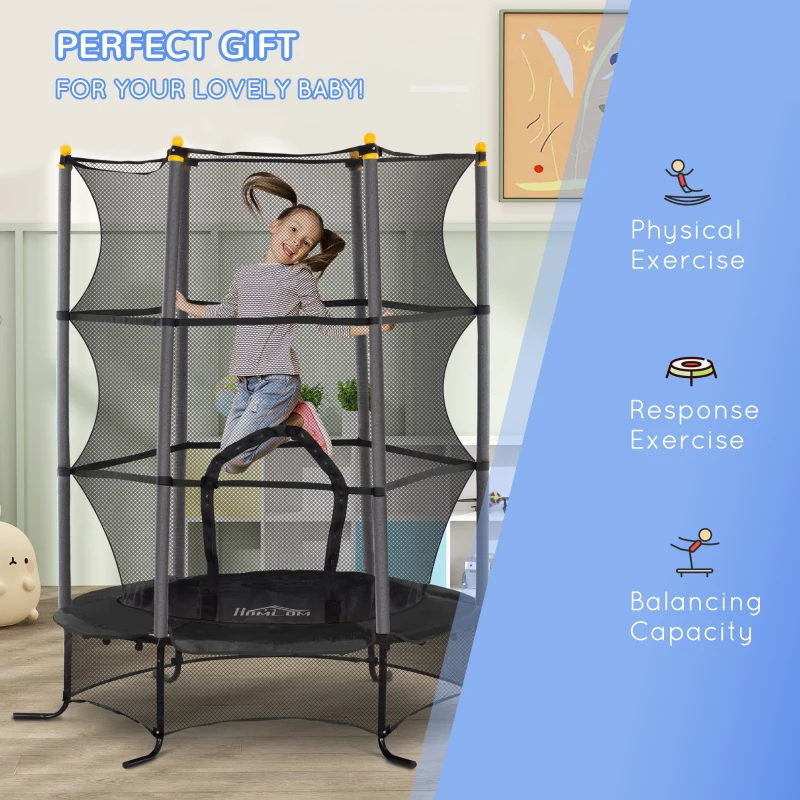HOMCOM Trampoline voor Kinderen, Ø163 cm, met Veiligheidsnet, Voor Binnen en Buiten, Belasting tot 50 kg, Staal, Kunststof, Zwart