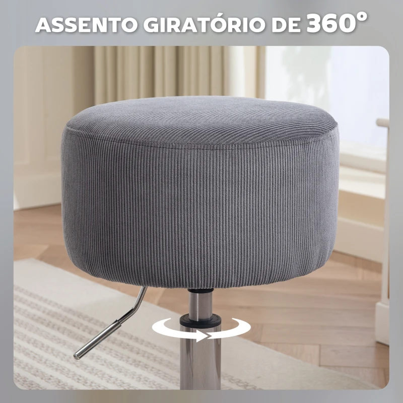 HOMCOM Banco de Bar Banco Alta de Cozinha Ajustável em Altura 52-66 cm Estofado em Veludo Giratória a 360° Cinzento