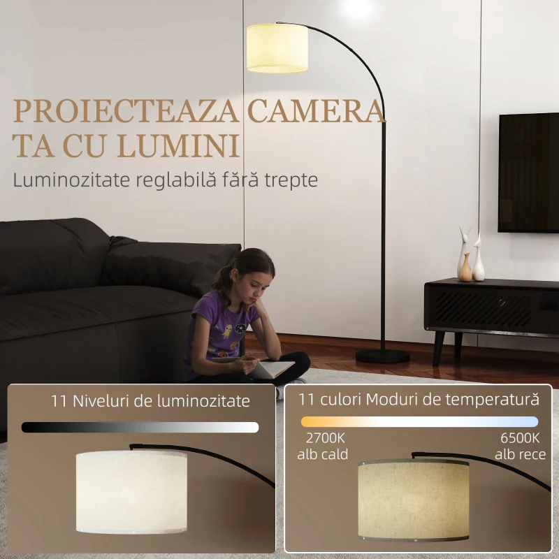 HOMCOM Lampă de Podea Reglabilă, cu Telecomandă și Cronometru de 1 oră, Abajur Rotativ, Negru