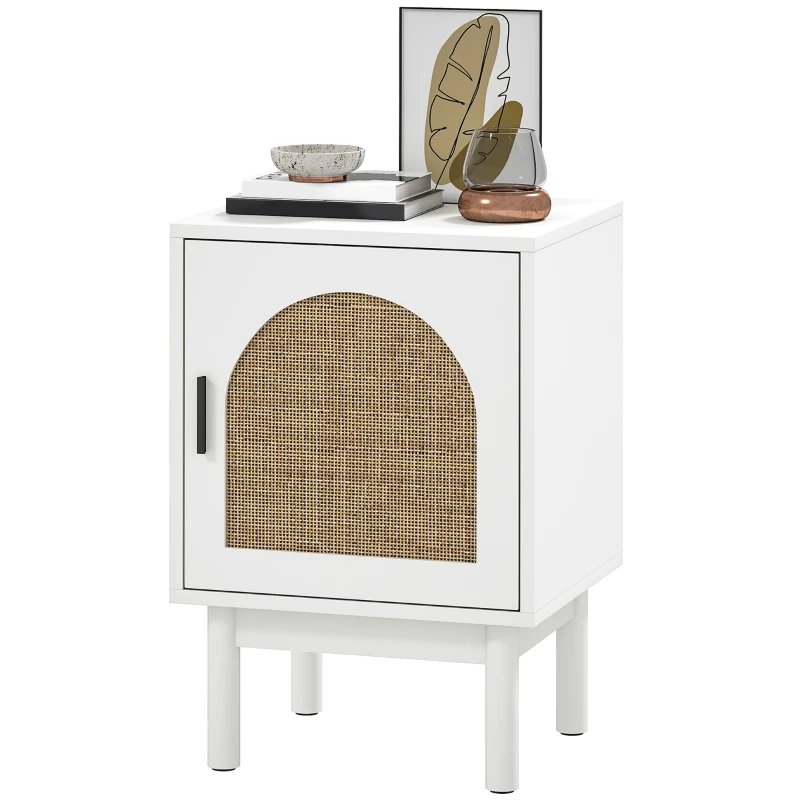 HOMCOM Mesilla de Noche con Puerta de Ratán Estante Ajustable y Patas de Madera Estilo Bohemio 40x35x58 cm Blanco