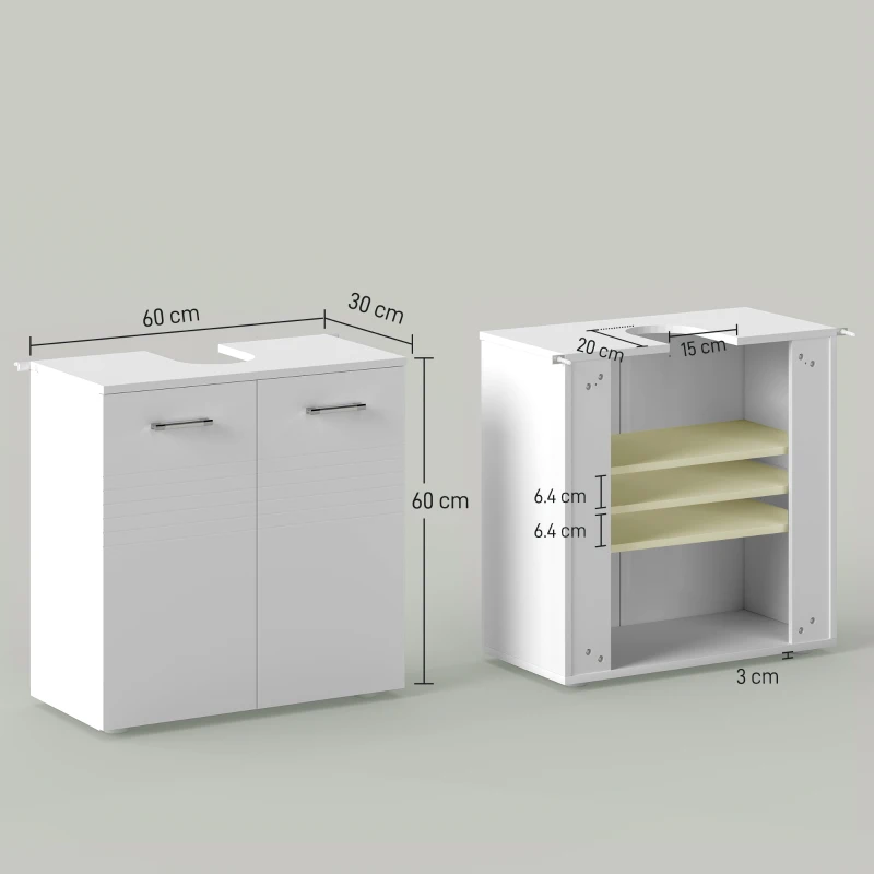 kleankin Mobile Sottolavabo per Bagno a 2 Ante, Armadietto Salvaspazio per Lavandino in Legno con Mensola Regolabile, Bianco Lucido