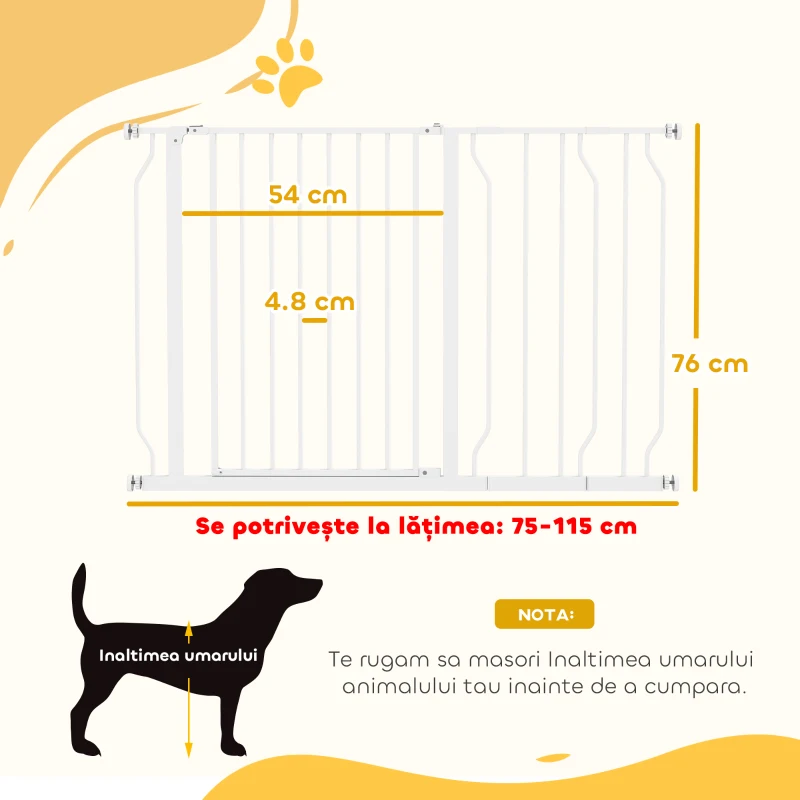 PawHut Poartă de Siguranță pentru Câini din Oțel și ABS, Poartă Extensibilă pentru Câini pentru Scări și Uși, 75-115 cm, Alb