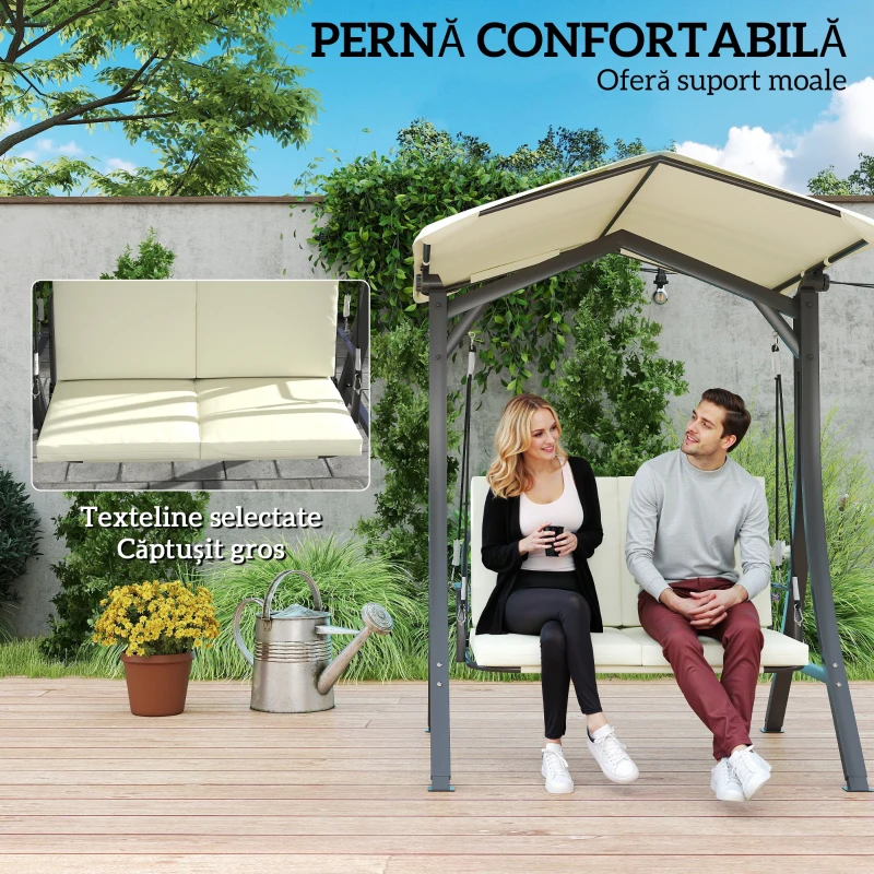 Outsunny Leagăn de Grădină 2 Locuri cu Acoperiș Reglabil 150x120x182cm Crem