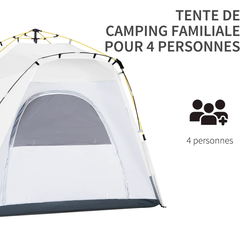 Outsunny Tente de camping, tente pop up dôme familiale 4 personnes, avec 4 portes 4 fenêtres sac de transport inclus pour le camping randonnée blanc gris