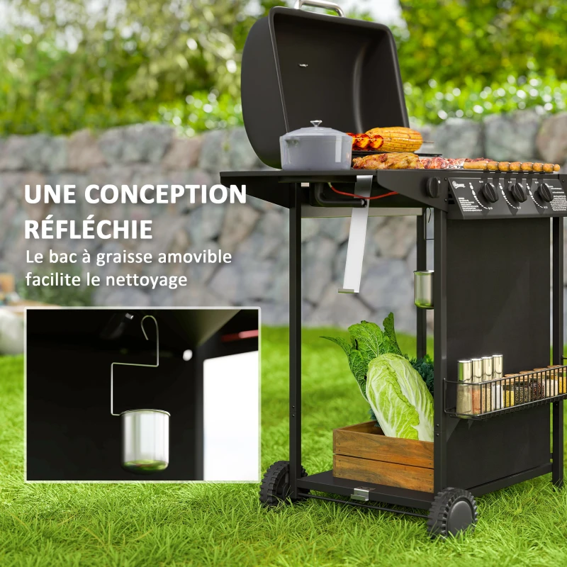 Outsunny Barbecue gaz 3+1 brûleurs en acier, puissance 9,5 kW, barbecue de jardin table latérale, 108 x 54 x 97 cm, noir