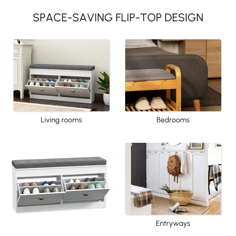 HOMCOM Shoe Storage Bench with Flip Drawers, Shoe Cabinet with Seat Cushion and Adjustable Shelf for Hallway, Entryway, Living Room, Bedroom, White
