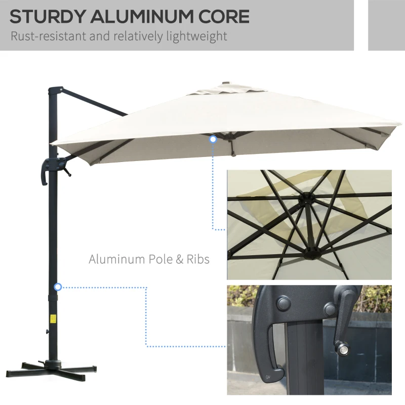 Outsunny umbrelă suspendată înclinabilă cu manivelă și bază în cruce, crem