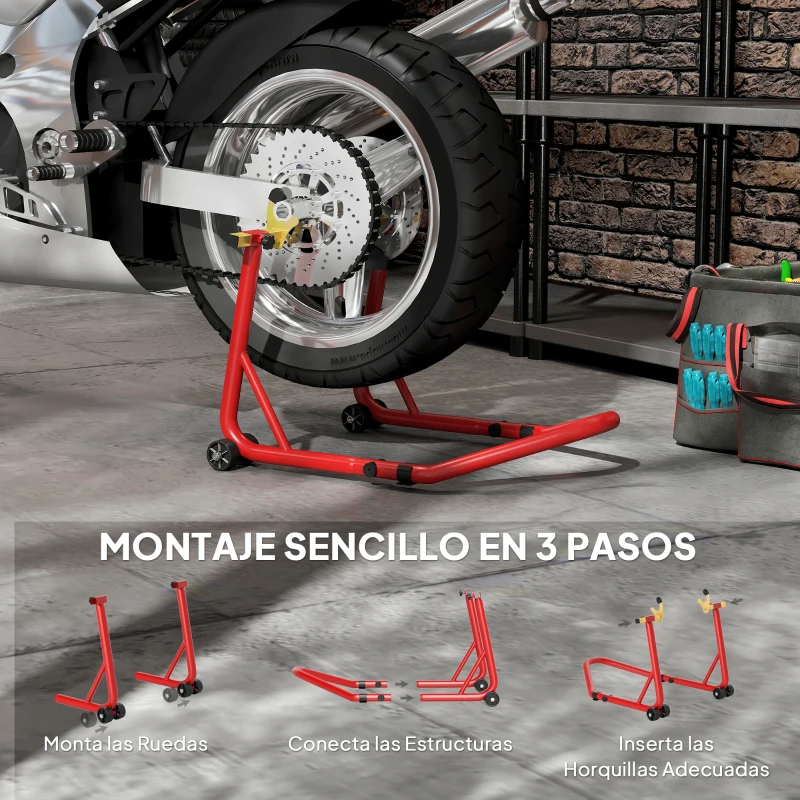 HOMCOM Caballete Elevador Universal Soporte Rueda Trasera Moto de Acero Robusta Carga 544 kg con Horquillas en U y L Ajustables