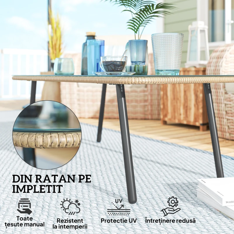 Outsunny Măsuță de Grădină din Ratan PE și Sticlă 110x60x40 cm Lemn Natural