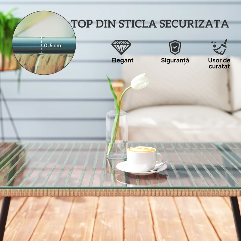 Outsunny Măsuță de Grădină din Ratan PE și Sticlă 110x60x40 cm Lemn Natural