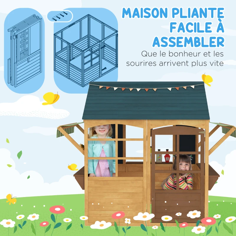 AIYAPLAY Cabane enfant extérieur pliable avec porte, fenêtres, stations de service, auvents de pluie, tableaux noirs, jaune