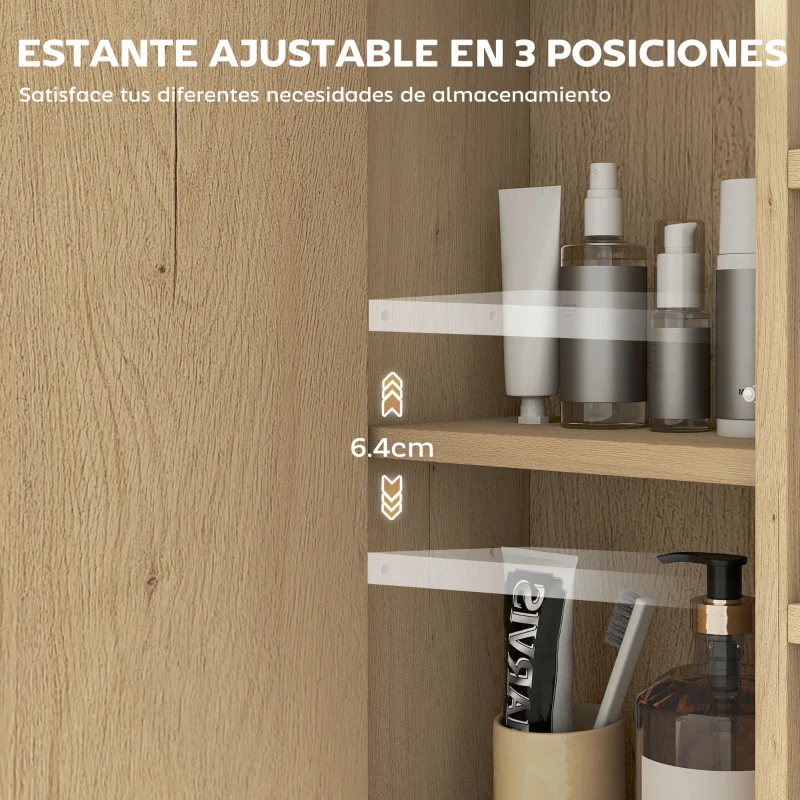 HOMCOM Armario de Baño con Espejo Estante Ajustable y 6 Compartimentos Abiertos 60x16x58,5 cm Roble