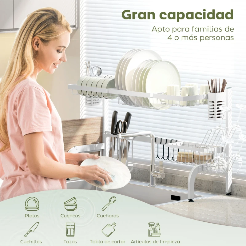 HOMCOM Escurreplatos de Acero de 2 Niveles para Fregadero con Soporte de Tabla de Corte y Cubiertos 100x30x54,5cm Blanco