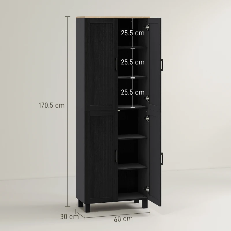 HOMCOM Freestanding Kitchen Cupboard, 4-Door Storage Cabinet with Adjustable Shelves, Modern Kitchen Pantry for Dining Room, 170cm, Black