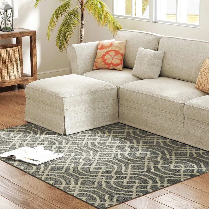 HOMCOM UV Resistant Indoor & Outdoor Area Rug, Easy-Cleaning Machine Washable Rug with Geometric Pattern for Patio, Garden, Kitchen, Bathroom or Living Room, 170 x 120 cm, Grey