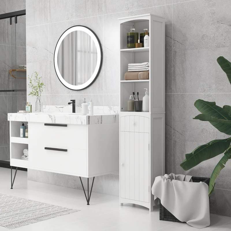 HOMCOM Armário de coluna multiuso branco para banheiro com prateleiras 34x24x170cm 3 prateleiras 1 porta e 1 gaveta