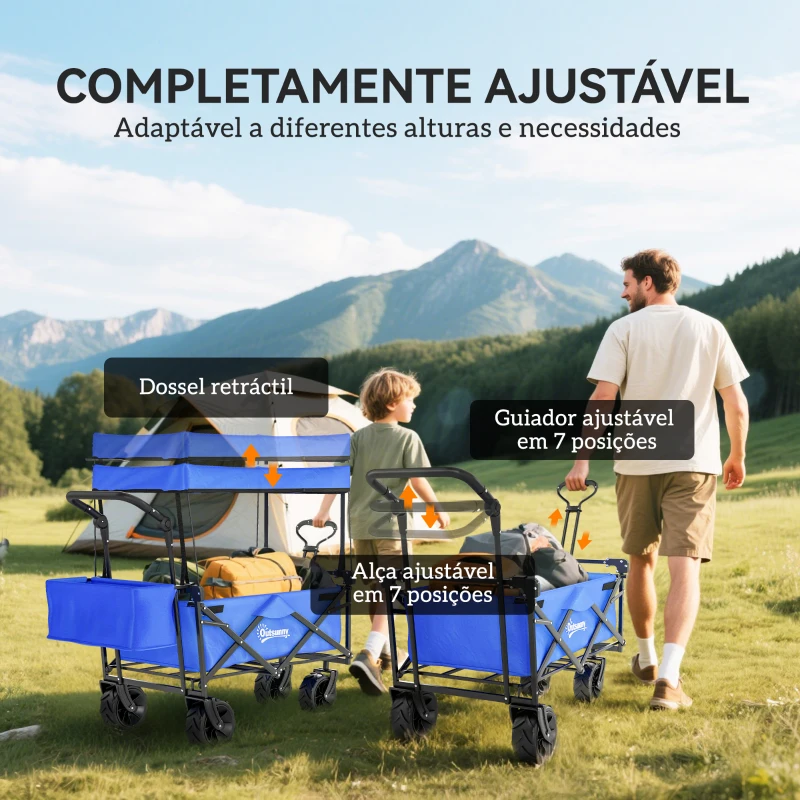 Outsunny Carrinho de Transporte Dobrável para Praia Campismo Viajem com Toldo Guiador Rodas Altura Ajustável 117x55x98 cm Azul