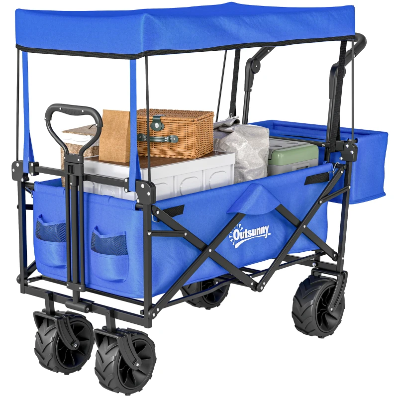 Outsunny Folding Trolley Cart Storage Wagon Beach Trailer 4 Wheels with Handle Overhead Canopy Cart Push Pull for Camping, Blue