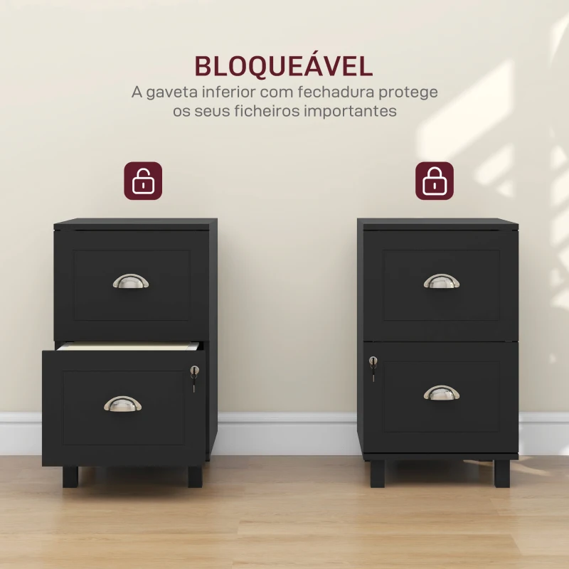HOMCOM Bloco de Gavetas com 2 Gavetas Fechadura e Barras para Documentos A4 e Carta 40x41,5x67,5 cm Preto