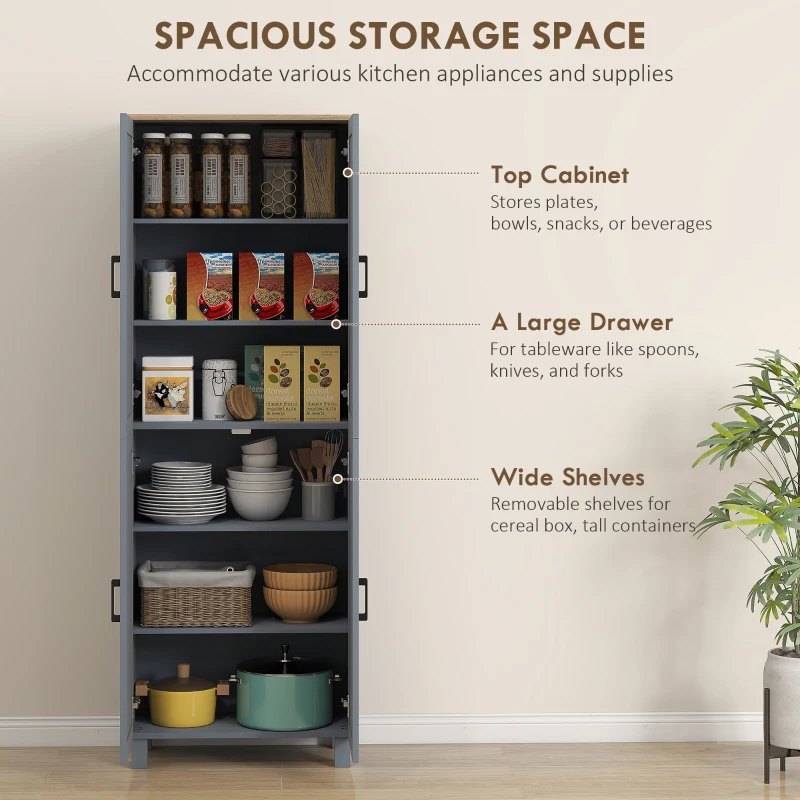 HOMCOM Freestanding Kitchen Cupboard, 4-Door Storage Cabinet with Adjustable Shelves, Modern Kitchen Pantry for Dining Room, 170cm, Grey Wood Effect