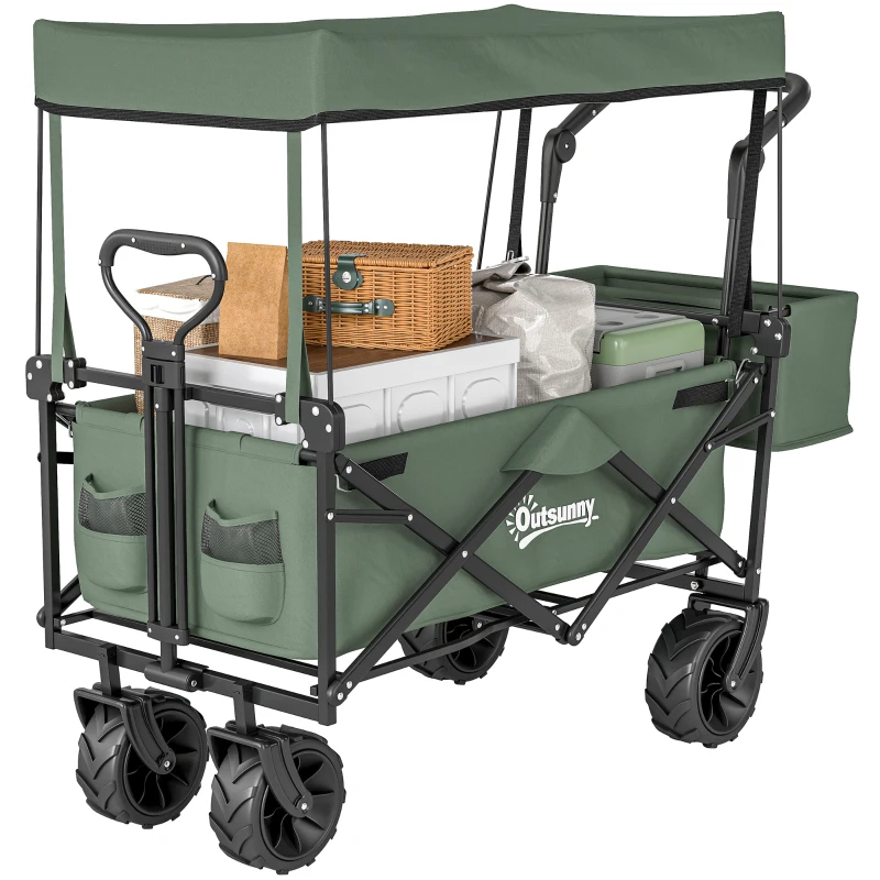 Outsunny Folding Trolley Cart Storage Wagon Beach Trailer 4 Wheels with Handle Overhead Canopy Cart Push Pull for Camping, Green