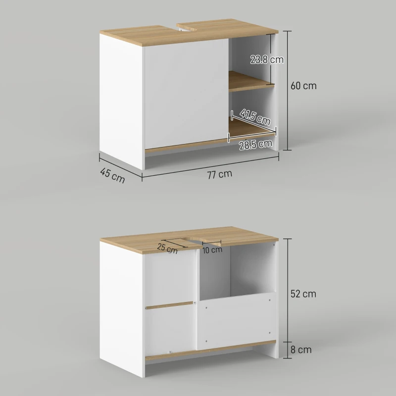 kleankin Mobile Bagno Sottolavabo con Armadietto e 2 Mensole in Legno, 77x45x60 cm, Bianco e Legno