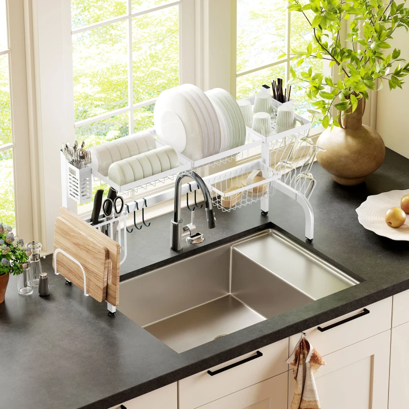 HOMCOM Escorredor de Louça de Aço de 2 Níveis com Prateleira para Pratos Suporte para Facas e Talheres 100x30x54,5 cm Branco