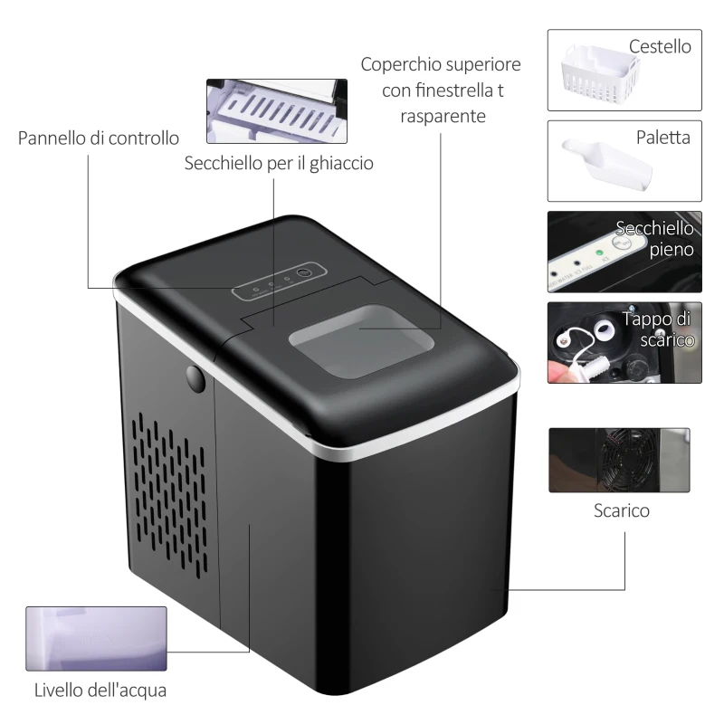 HOMCOM Macchina del Ghiaccio per Casa Autopulente Professionale 2L, 9 Cubetti in 8 Minuti, Fabbricatore Ghiaccio 90W Nero 21.2x29.5x32.6cm