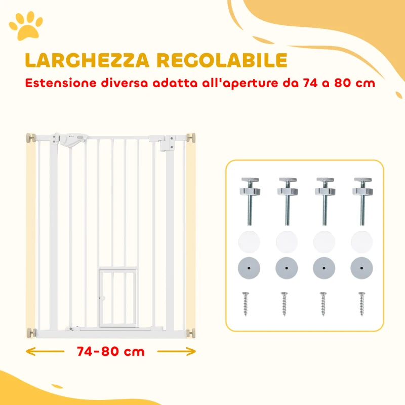 PawHut Cancelletto per Cani con Porta Piccola, Montaggio a Pressione e Chiusura Automatica, 74-80x91.4cm, Bianco