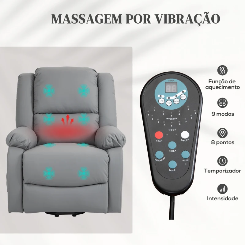 HOMCOM Poltrona Relax Levanta Pessoas com 8 Pontos de Massagem Reclinável com Função de Aquecimento 89x93x105 cm Cinza
