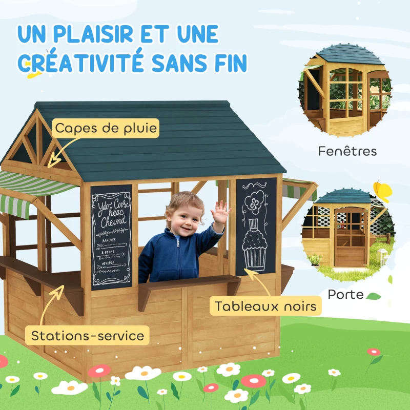 AIYAPLAY Cabane enfant extérieur pliable avec porte, fenêtres, stations de service, auvents de pluie, tableaux noirs, jaune