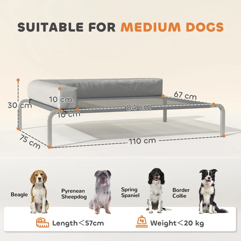 PawHut Pat Ridicat cu Pernă Detasabilă, Plasa Ventilată, Talie Medie, Gri Deschis