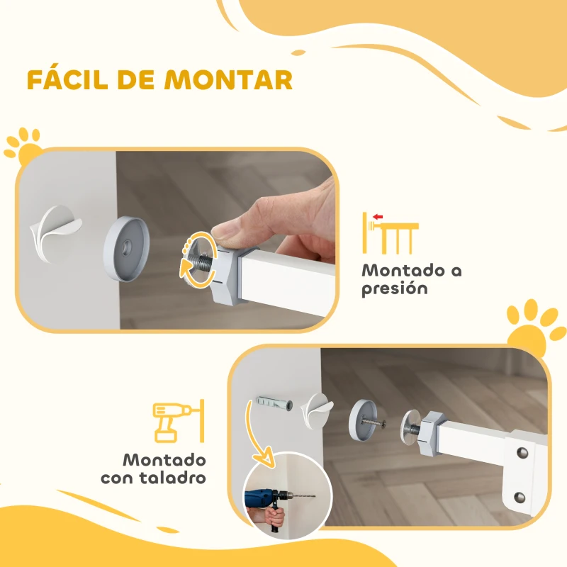 PawHut Barrera de Seguridad para Perros Barrera para Mascotas Extensible con Puerta Pequeño Cierre Automático y Sistema de Doble Bloqueo para Puerta Pasillo Escalera 74-80x91,4 cm Blanco