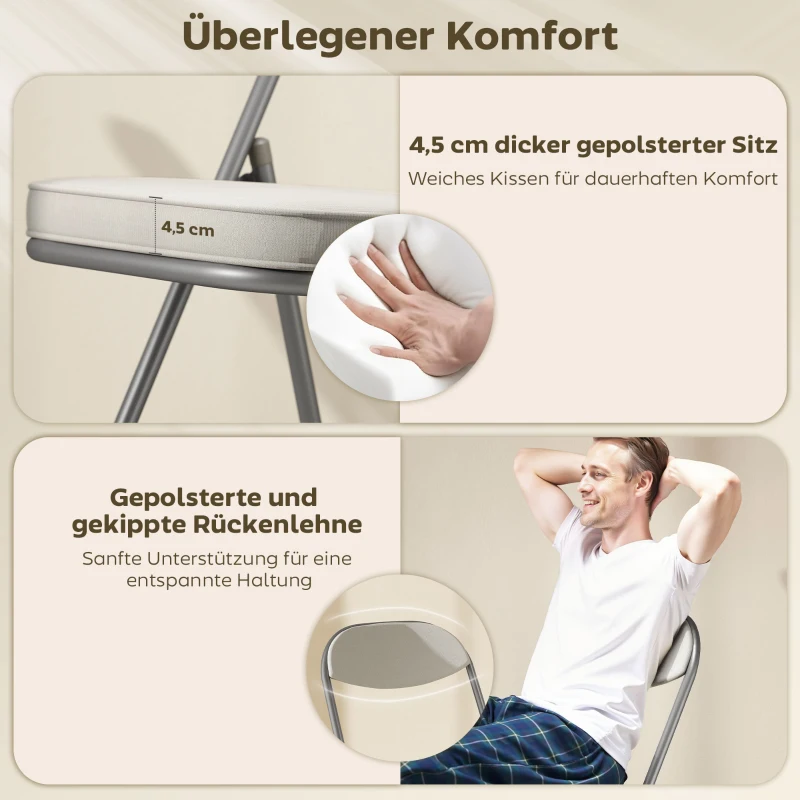 HOMCOM 4er-Set gepolsterte Klappstühle, Faltbare Stühle mit Cordbezug, Rückenlehne, Metallrahmen, Cremeweiß(m-4)