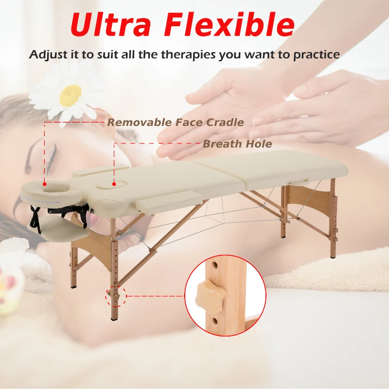 HOMCOM Portable Folding Massage Table, 2 Sections-Cream