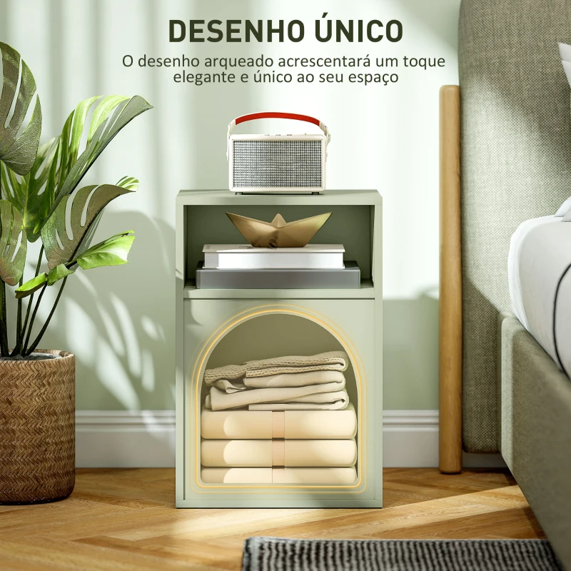 HOMCOM Mesa de Cabeceira Moderna Mesa de Cabeceira Estreita com 2 Compartimentos Abertos Desenho em Forma de Arco 40x30x60 cm Verde