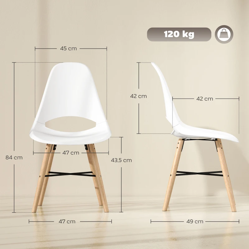 HOMCOM Pack de 2 Sillas de Comedor de Plástico con Respaldo Curvado y Patas de Madera de Caucho Blanco