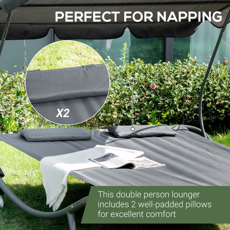 Outsunny Patio Double Hammock Sun Lounger Bed with Canopy Shelter, Wheels, and 2 Pillows, Grey