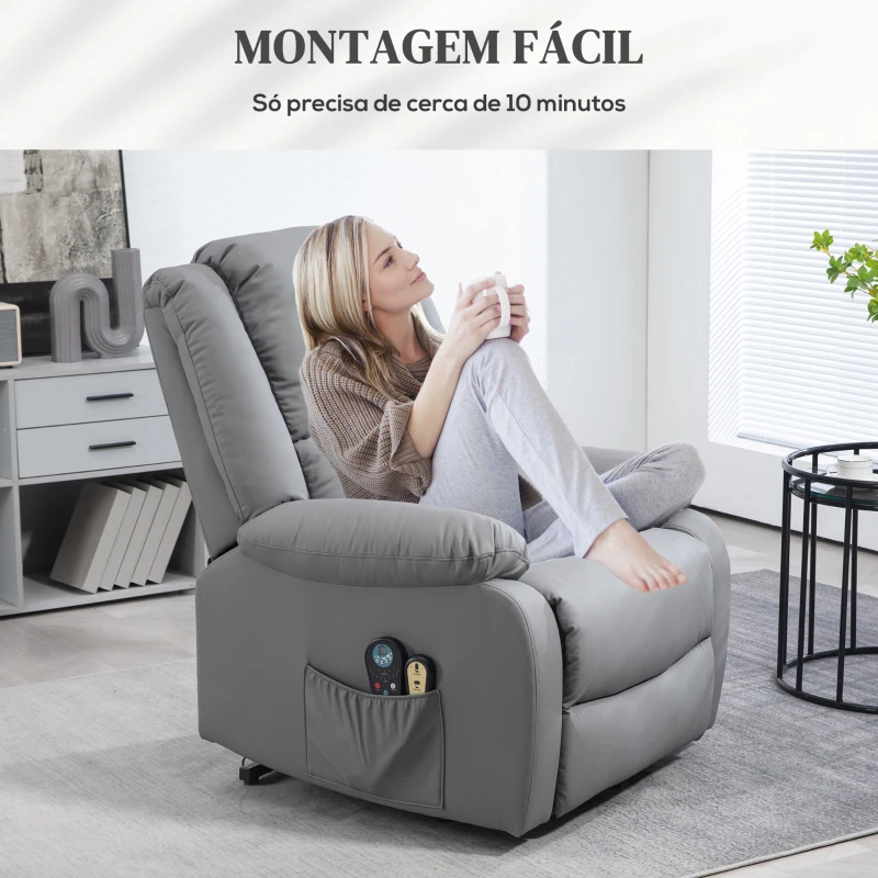 HOMCOM Poltrona Relax Levanta Pessoas com 8 Pontos de Massagem Reclinável com Função de Aquecimento 89x93x105 cm Cinza