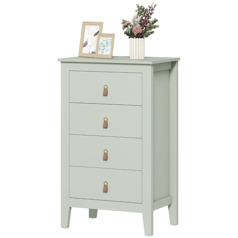 HOMCOM Bedroom Chest of Drawers, Modern 4 Drawer Dresser Cabinet with PU Leather Handles and Metal Runners for Living Room, Hallway, Entryway, Green