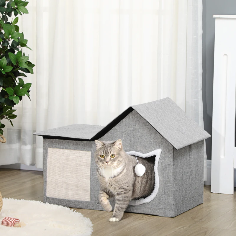 PawHut Kattenhuis met krasoppervlak, inclusief speelgoedbal, kattengrot, 65 cm x 41 cm x 45,5 H cm, bruin+wit+beige