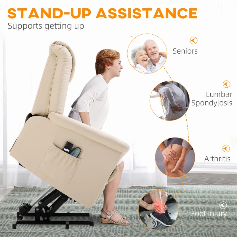 HOMCOM Massagestoel met opstaanondersteuning, 8 vibratiepunten, verwarmingsfunctie, voetsteun, crème.