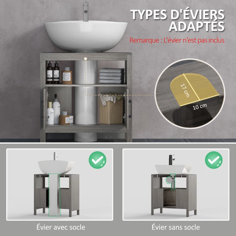 kleankin Meuble sous lavabo meuble sous évier meuble de salle de bain sous lavabo avec 2 portes et étagère - 60 x 30 x 60 cm - gris