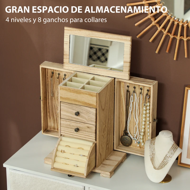 HOMCOM Joyero de Madera de 4 Niveles Joyero Mujer Organizador con 2 Cajones Espejo para Pendientes Anillos Collares Natural