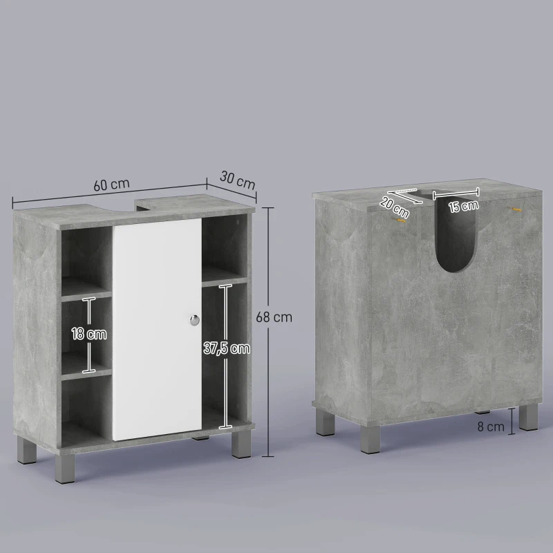 kleankin Waschbeckenunterschrank Badezimmerschrank Waschtischunterschrank mit Schrank Regale verstellbar U-förmiger Ausschnitt Spanplatte Grau+Weiß 60 x 30 x 68 cm