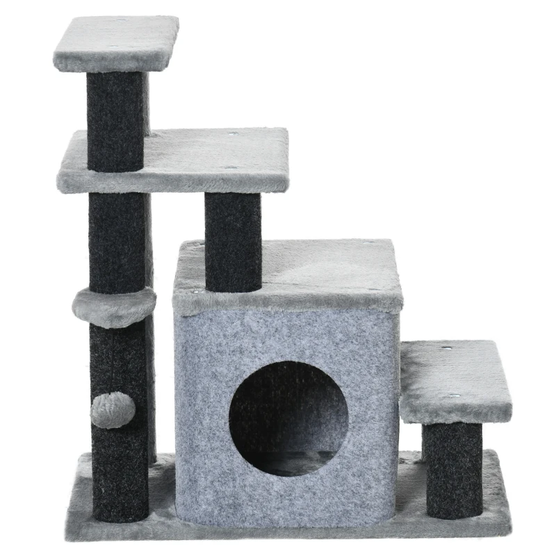 PawHut Kratzbaum, Tiertreppe, 4 Stufen, Spielball, Häuschen, höhenverstellbar, schwarz+grau, 60 x 40 x 66 cm