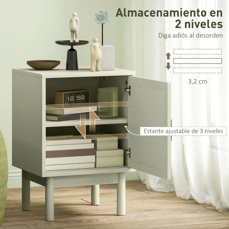 HOMCOM Mesilla de Noche con Puerta de Ratán Estante Ajustable y Patas de Madera Estilo Bohemio 40x35x58 cm Verde Claro