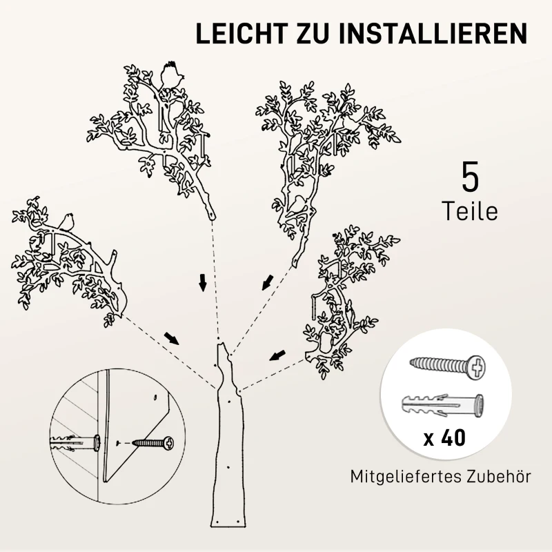 HOMCOM Wieszak ścienny, Montowany na ścianie haczyk na ubrania, Design drzewa z ptakami, Czarny