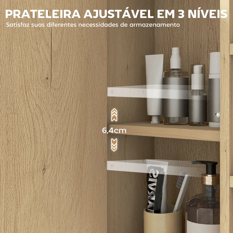 HOMCOM Armário de Casa de Banho com Espelho Prateleira Ajustável e 6 Compartimentos Abertos 60x16x58,5 cm Madeira