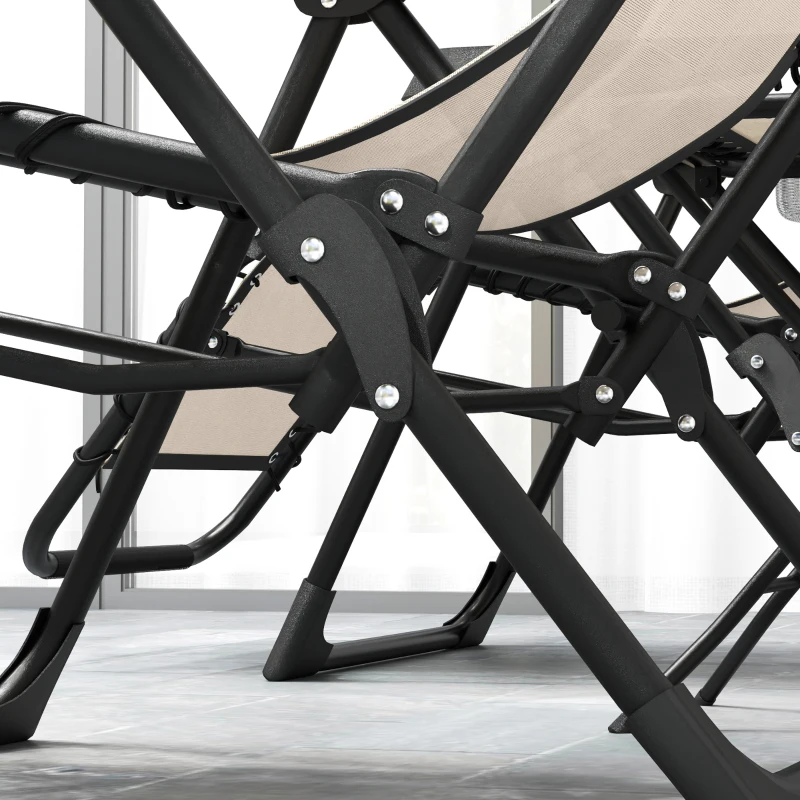 Outsunny Folding Zero Gravity Chairs, 3 Pieces Adjustable Sun Lounger and Table Set with Cup Holder and Headrest, Patio Bistro Set with Reclining Garden Chairs for Outdoor, Beige